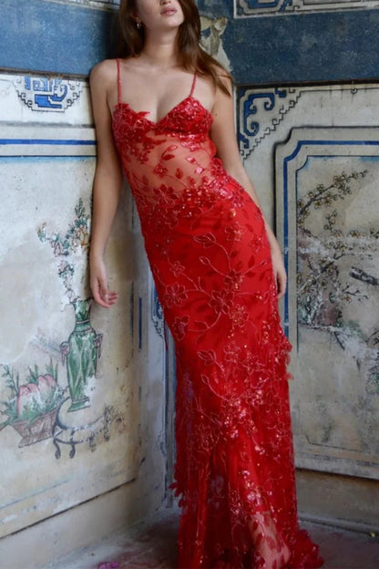Hot Mermaid Spaghetti Straps Red Long Prom Dress with Embroidery AD047