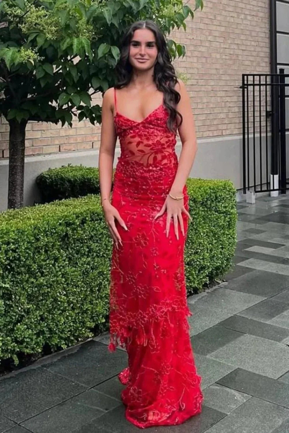 Hot Mermaid Spaghetti Straps Red Long Prom Dress with Embroidery AD047
