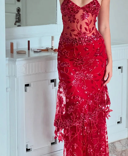 Hot Mermaid Spaghetti Straps Red Long Prom Dress with Embroidery AD047