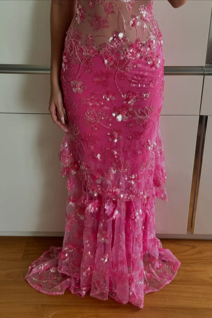 Hot Mermaid Spaghetti Straps Red Long Prom Dress with Embroidery AD047