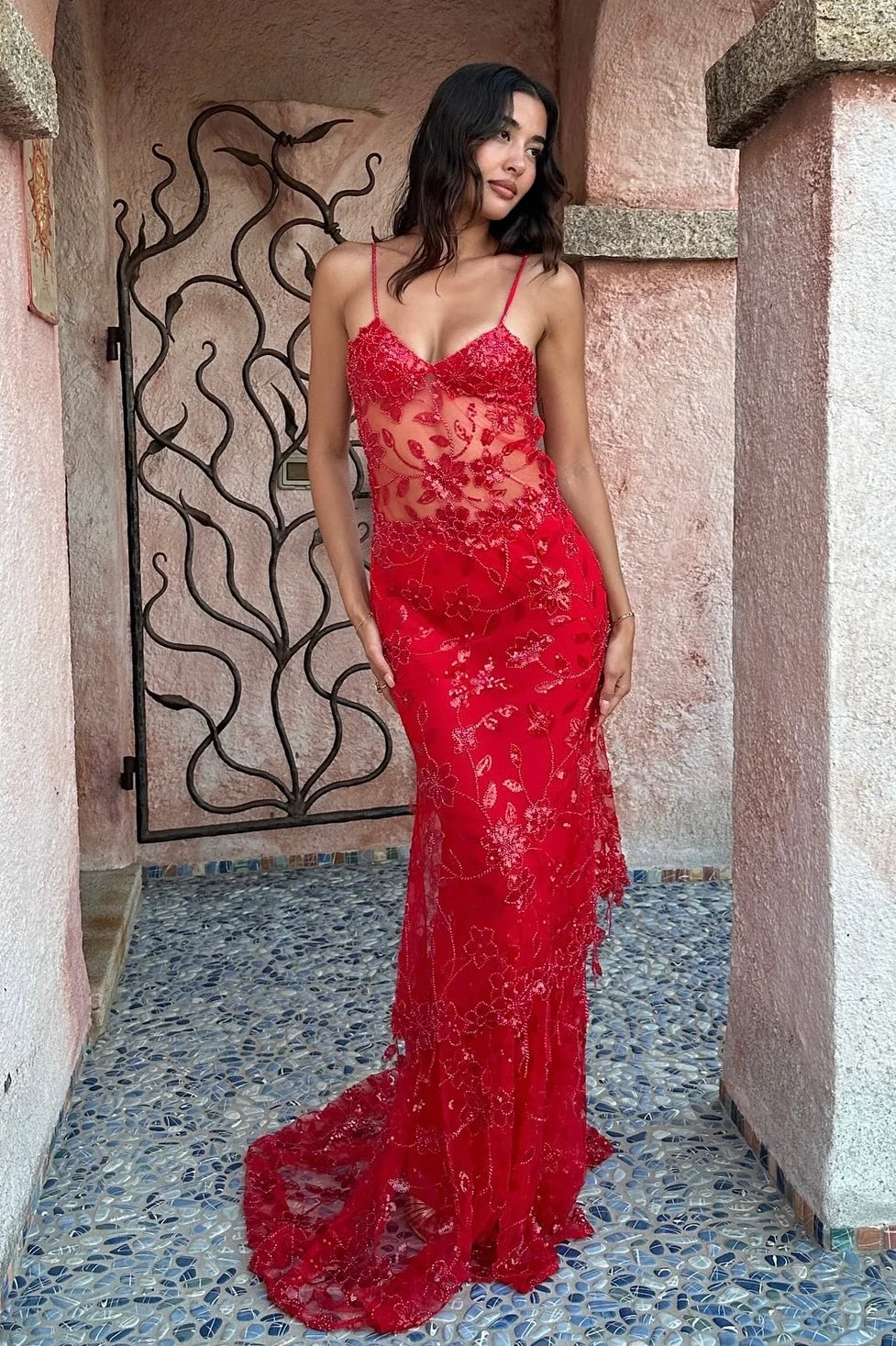 Hot Mermaid Spaghetti Straps Red Long Prom Dress with Embroidery AD047