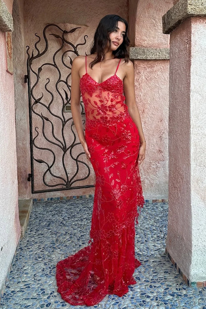 Hot Mermaid Spaghetti Straps Red Long Prom Dress with Embroidery AD047