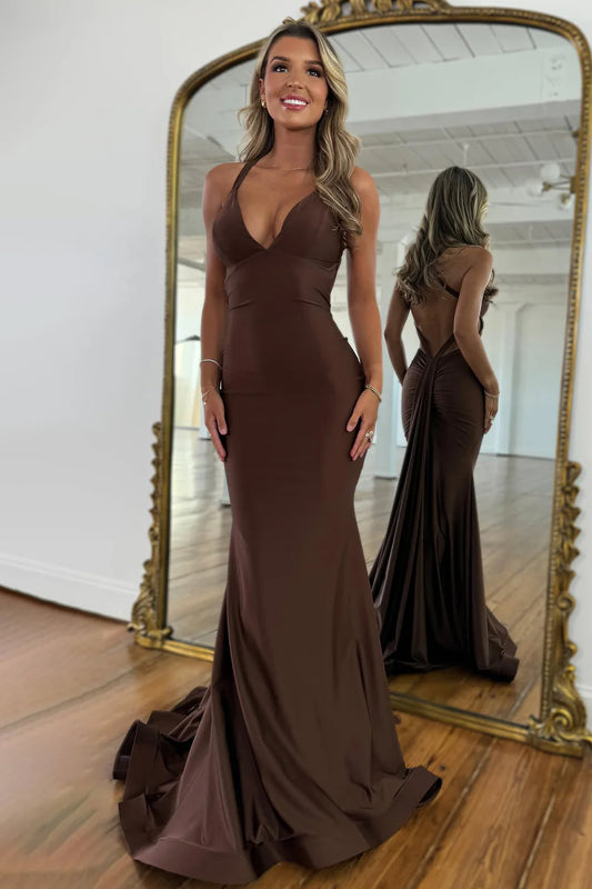 Brown V-Neck Cross Back Long Mermaid Prom Dress AD048