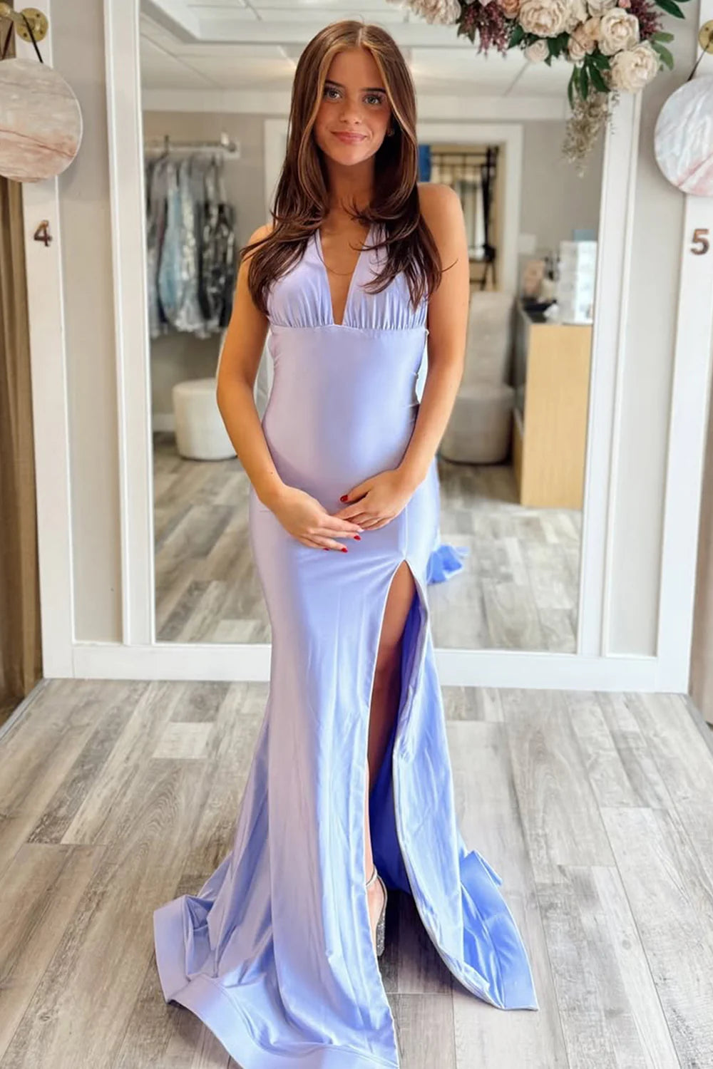 Fashion Forward Deep V-Neck Mermaid Style with Flowing Satin and Slit Prom Dress AD049