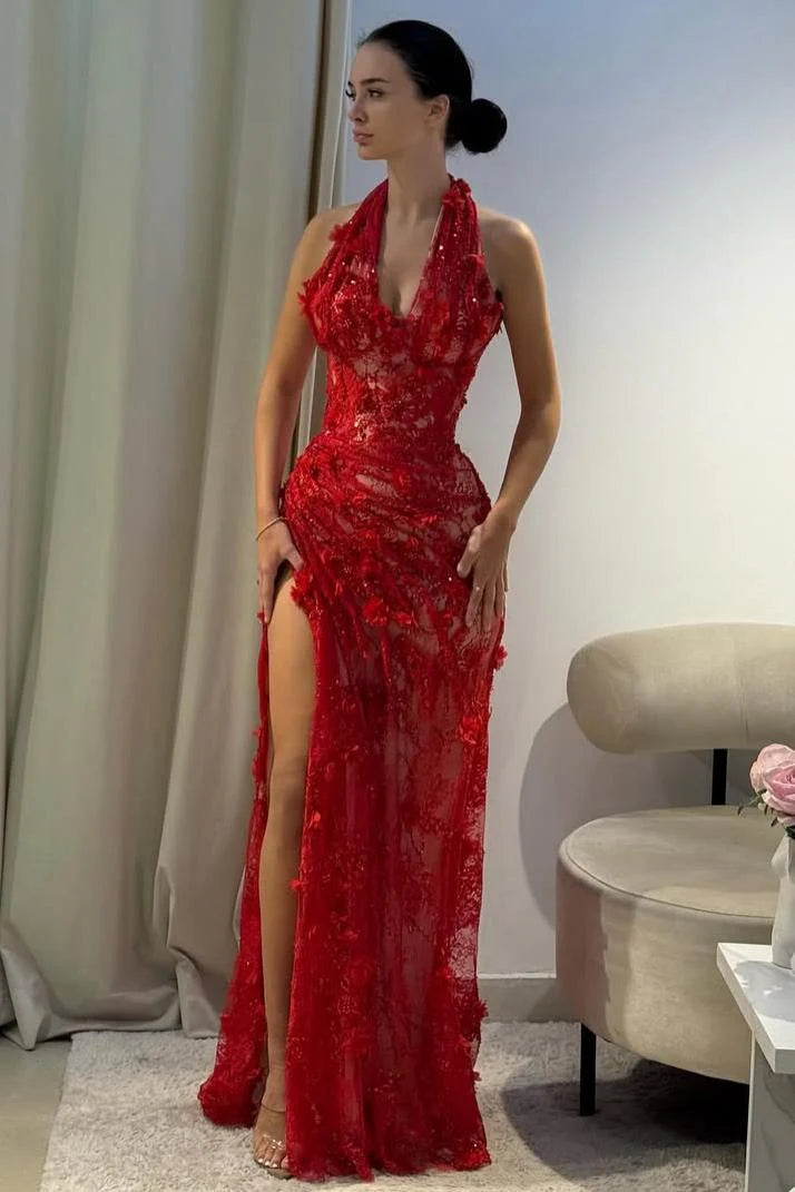 Light Blue 3D Floral Lace Halter Prom Dress with Beaded Illusion Bodice and High Slit AD050