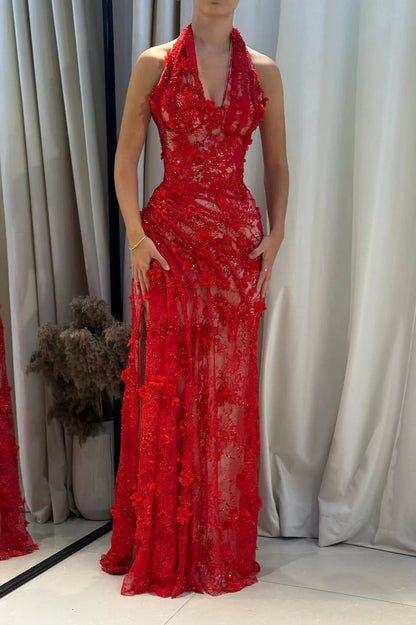 Light Blue 3D Floral Lace Halter Prom Dress with Beaded Illusion Bodice and High Slit AD050