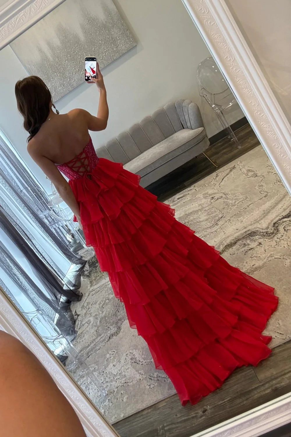 Romantic Red Strapless Tiered Ruffle Prom Dress with Corset Bodice and High Slit AD052