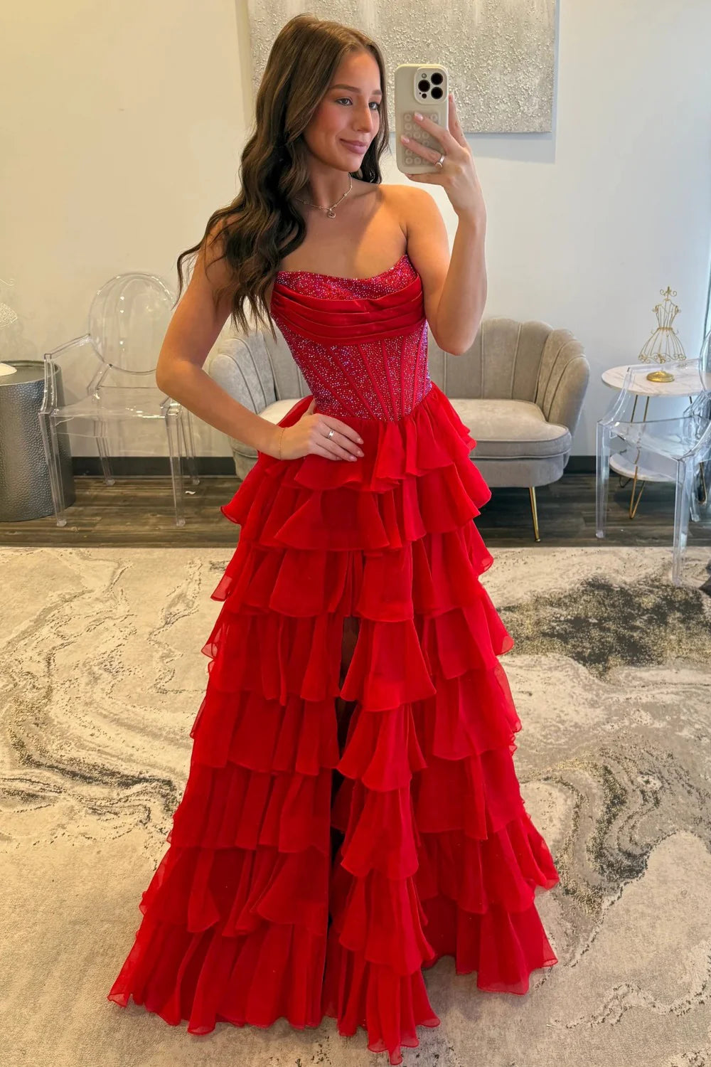 Romantic Red Strapless Tiered Ruffle Prom Dress with Corset Bodice and High Slit AD052