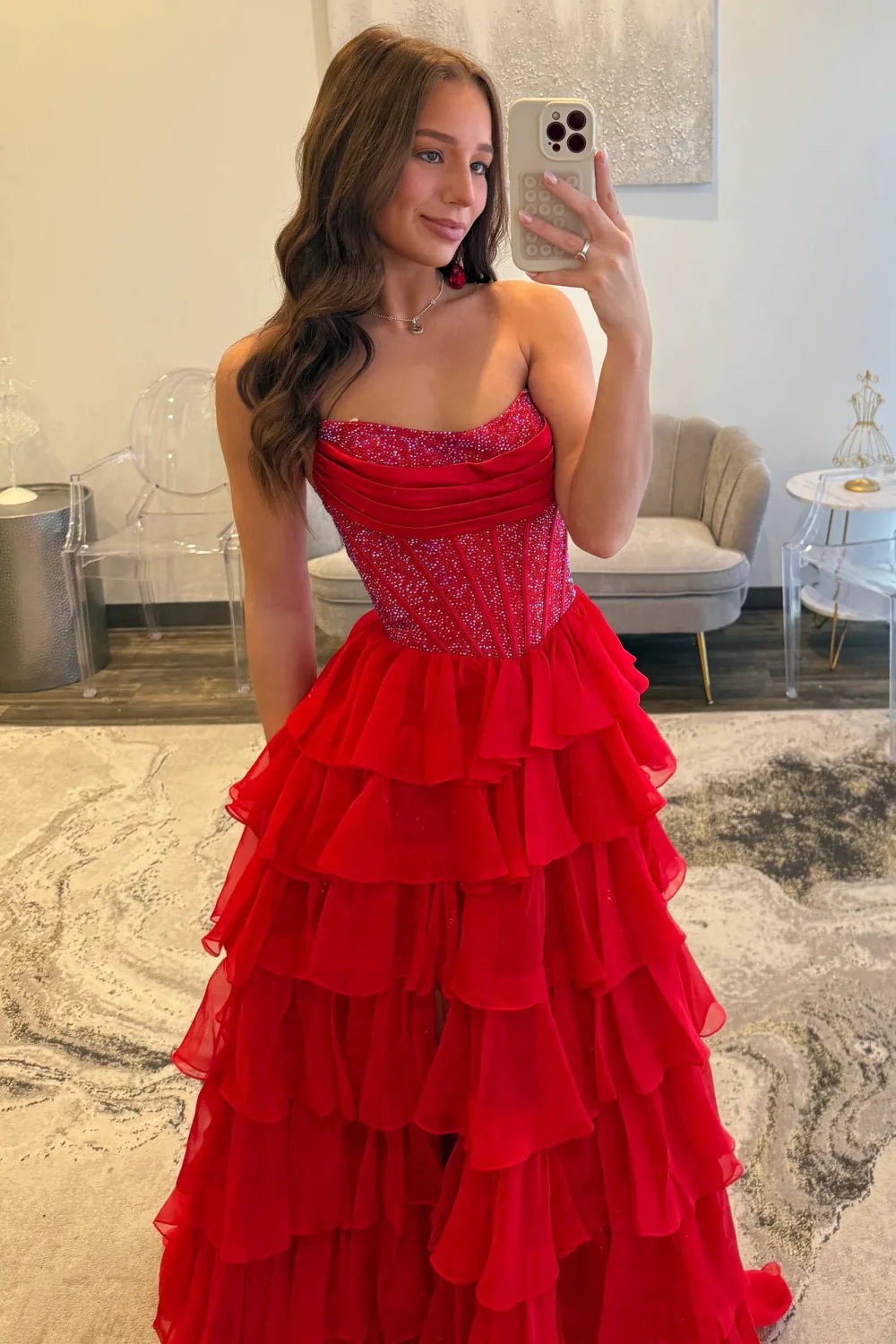 Romantic Red Strapless Tiered Ruffle Prom Dress with Corset Bodice and High Slit AD052
