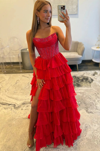 Romantic Red Strapless Tiered Ruffle Prom Dress with Corset Bodice and High Slit AD052