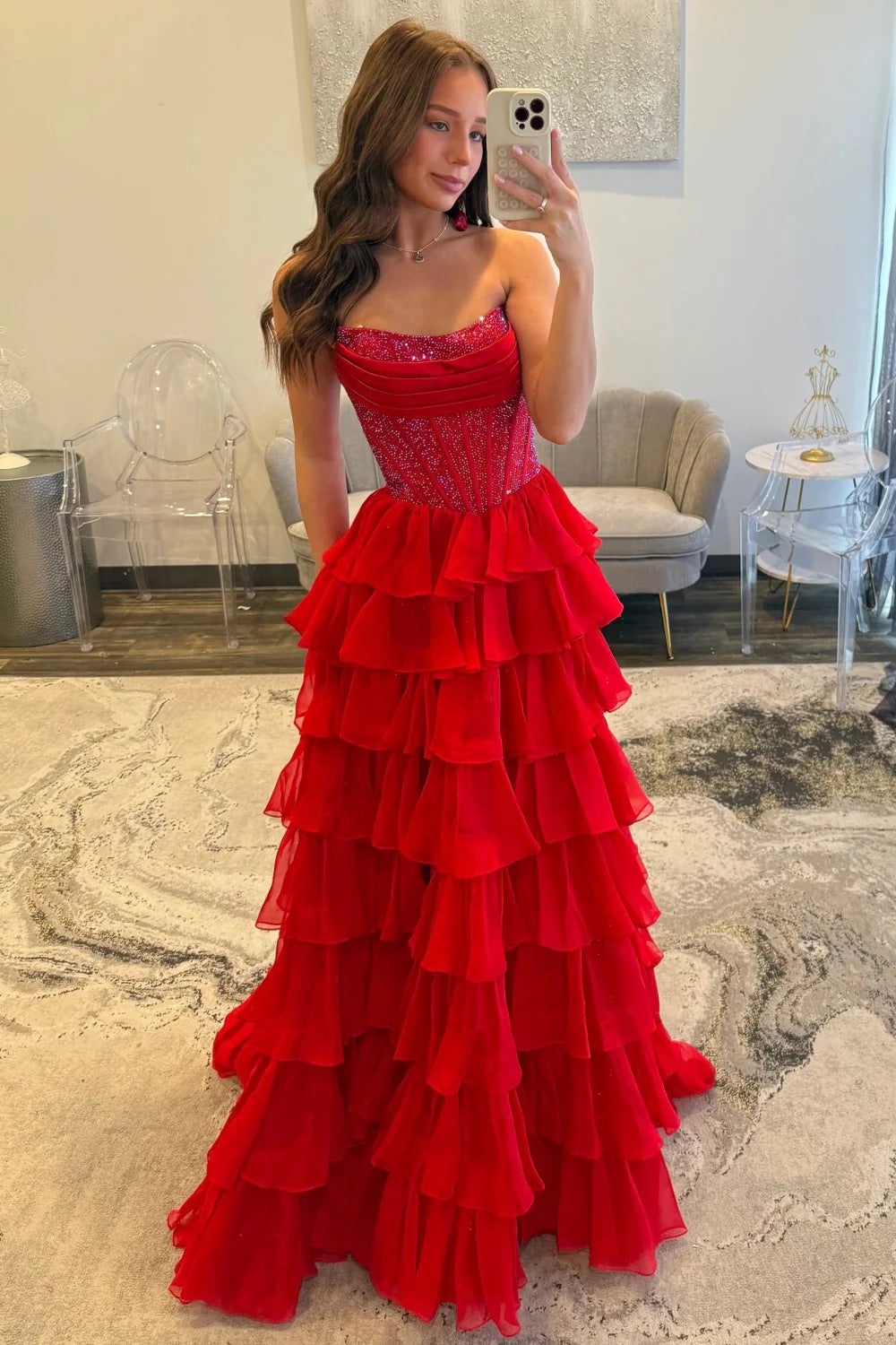Romantic Red Strapless Tiered Ruffle Prom Dress with Corset Bodice and High Slit AD052