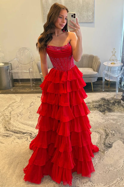 Romantic Red Strapless Tiered Ruffle Prom Dress with Corset Bodice and High Slit AD052
