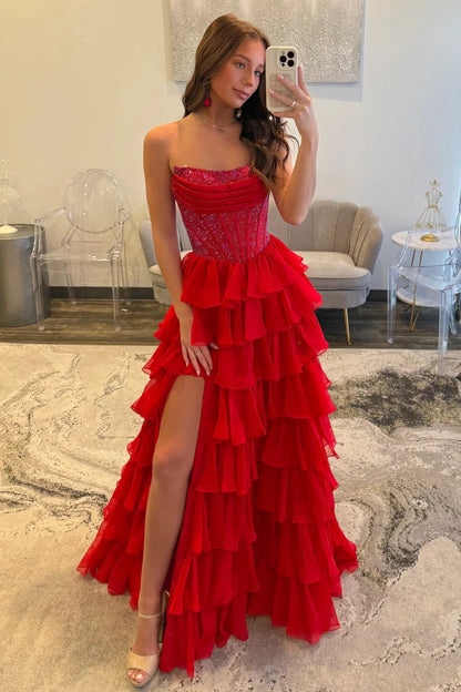 Romantic Red Strapless Tiered Ruffle Prom Dress with Corset Bodice and High Slit AD052