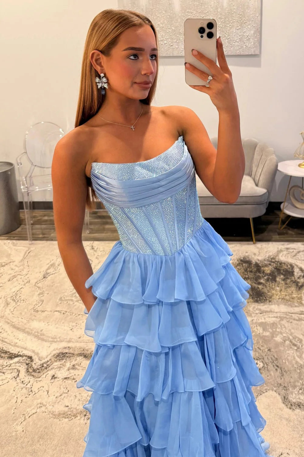 Romantic Red Strapless Tiered Ruffle Prom Dress with Corset Bodice and High Slit AD052