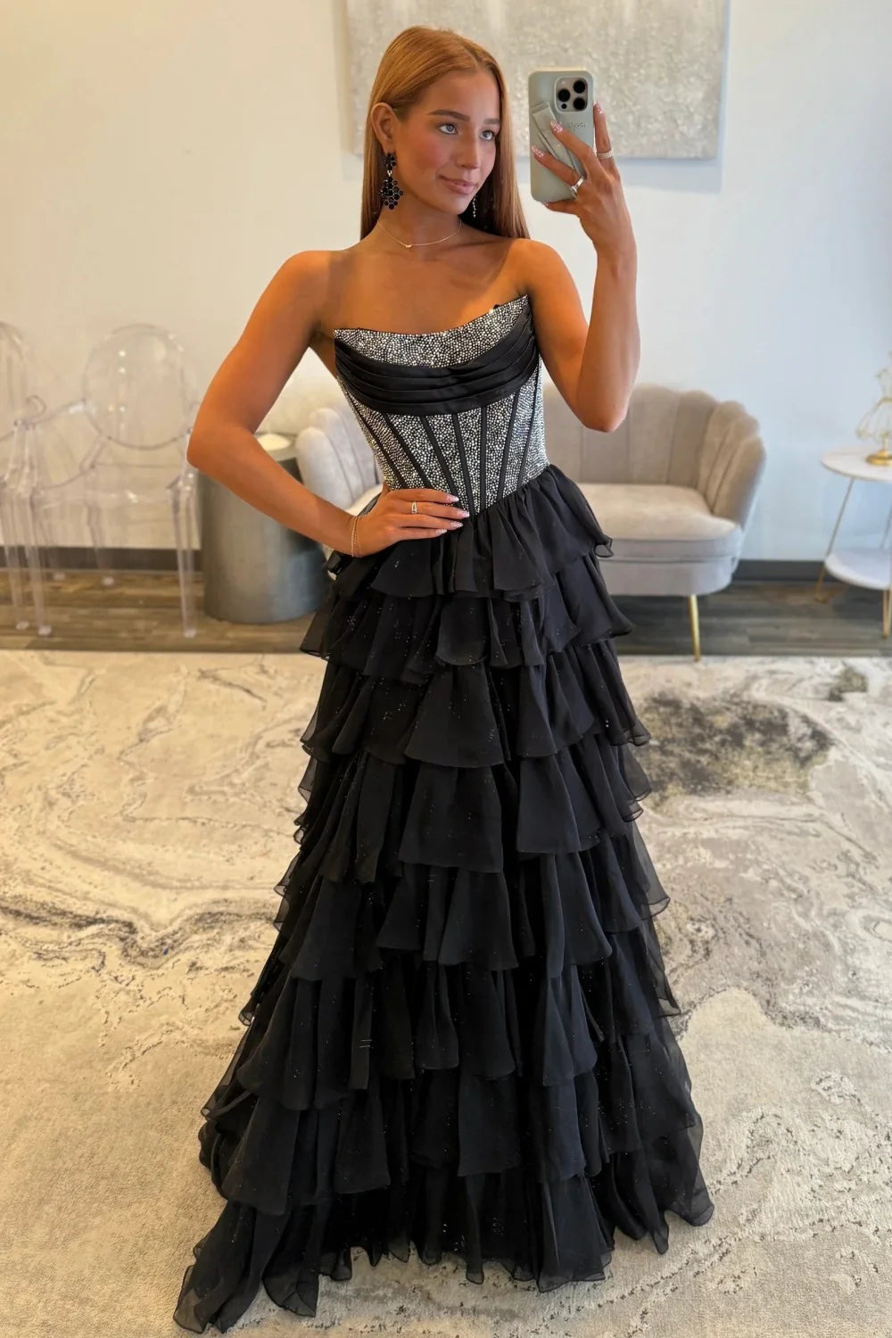 Romantic Red Strapless Tiered Ruffle Prom Dress with Corset Bodice and High Slit AD052