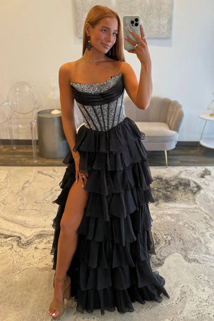 Romantic Red Strapless Tiered Ruffle Prom Dress with Corset Bodice and High Slit AD052