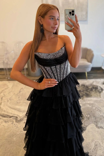 Romantic Red Strapless Tiered Ruffle Prom Dress with Corset Bodice and High Slit AD052