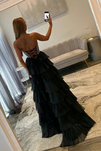 Romantic Red Strapless Tiered Ruffle Prom Dress with Corset Bodice and High Slit AD052