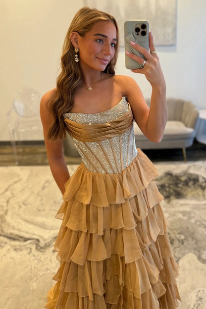 Romantic Red Strapless Tiered Ruffle Prom Dress with Corset Bodice and High Slit AD052