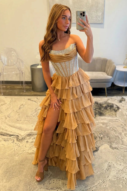 Romantic Red Strapless Tiered Ruffle Prom Dress with Corset Bodice and High Slit AD052