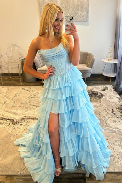 Romantic Red Strapless Tiered Ruffle Prom Dress with Corset Bodice and High Slit AD052
