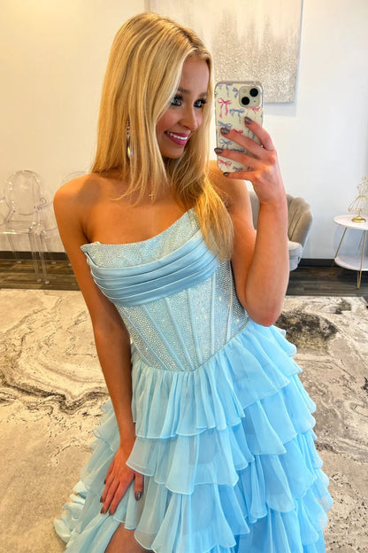Romantic Red Strapless Tiered Ruffle Prom Dress with Corset Bodice and High Slit AD052