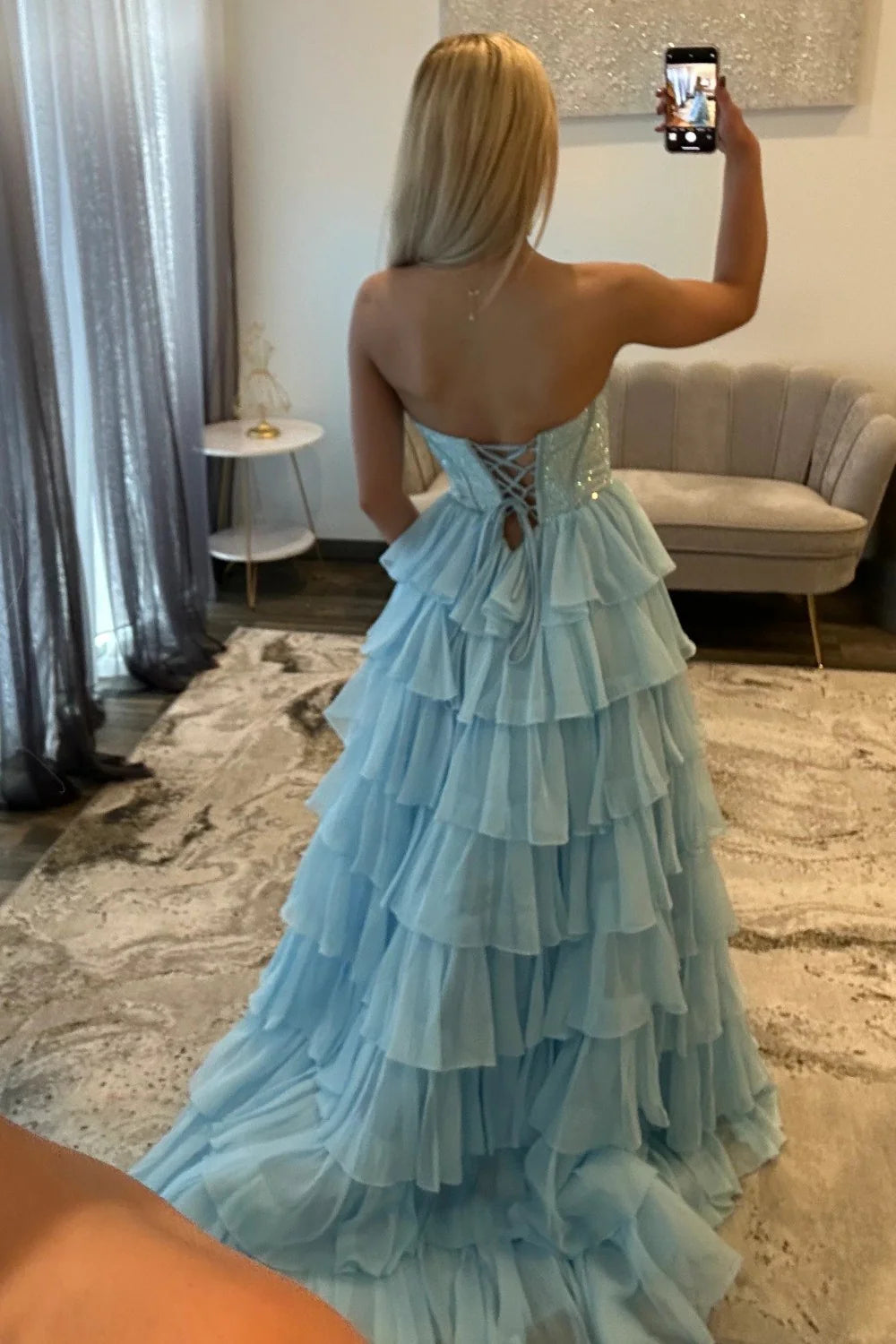 Romantic Red Strapless Tiered Ruffle Prom Dress with Corset Bodice and High Slit AD052