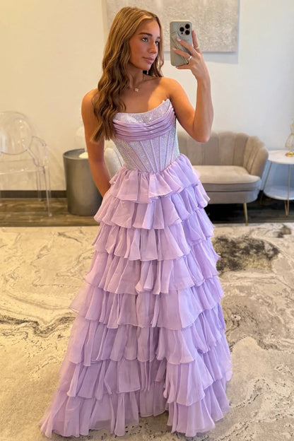Romantic Red Strapless Tiered Ruffle Prom Dress with Corset Bodice and High Slit AD052