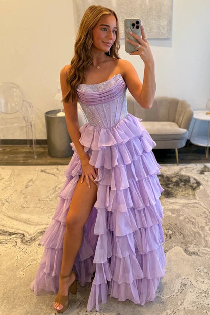 Romantic Red Strapless Tiered Ruffle Prom Dress with Corset Bodice and High Slit AD052