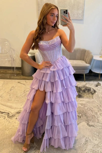Romantic Red Strapless Tiered Ruffle Prom Dress with Corset Bodice and High Slit AD052
