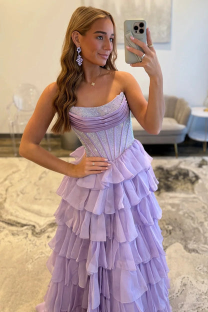 Romantic Red Strapless Tiered Ruffle Prom Dress with Corset Bodice and High Slit AD052