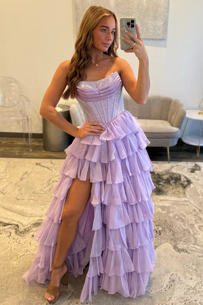 Romantic Red Strapless Tiered Ruffle Prom Dress with Corset Bodice and High Slit AD052