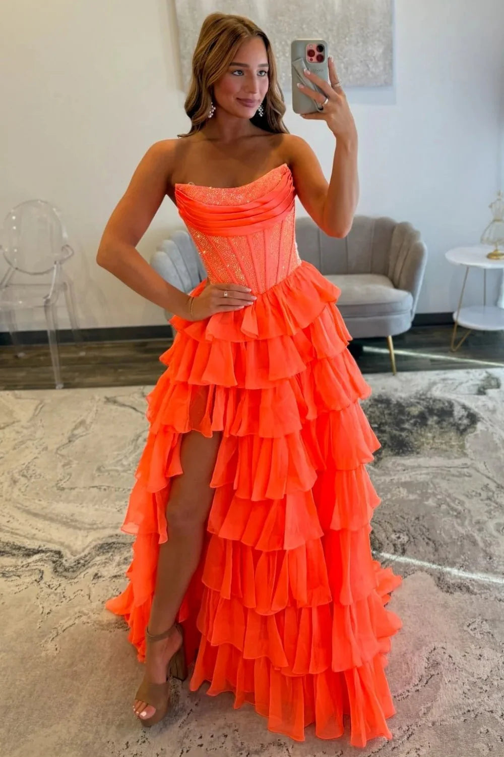 Romantic Red Strapless Tiered Ruffle Prom Dress with Corset Bodice and High Slit AD052
