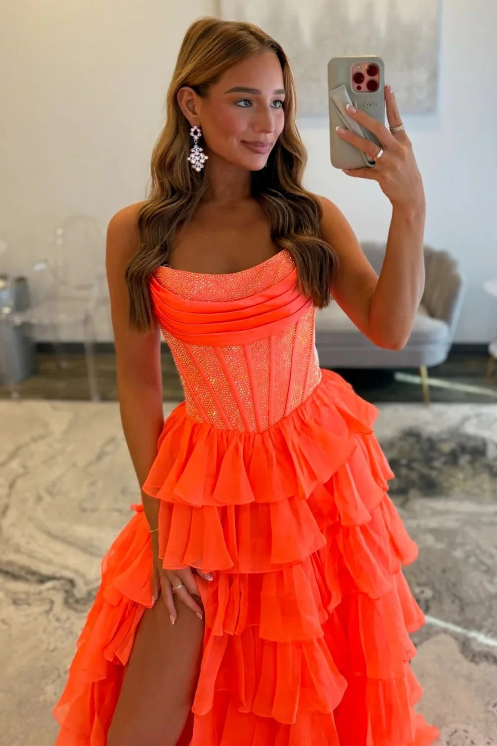 Romantic Red Strapless Tiered Ruffle Prom Dress with Corset Bodice and High Slit AD052