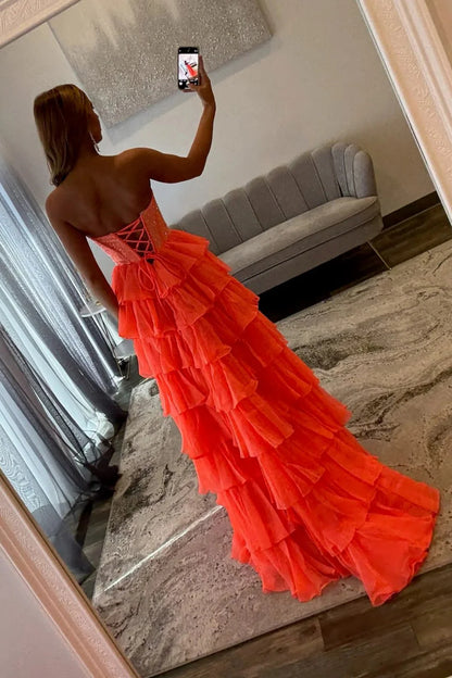 Romantic Red Strapless Tiered Ruffle Prom Dress with Corset Bodice and High Slit AD052