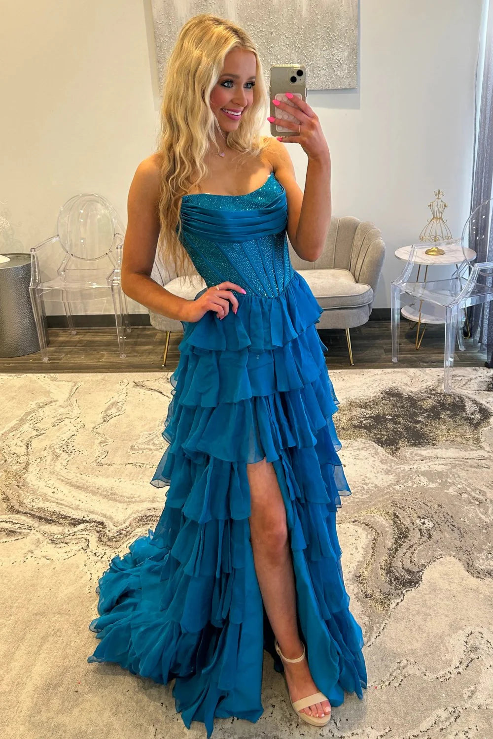 Romantic Red Strapless Tiered Ruffle Prom Dress with Corset Bodice and High Slit AD052