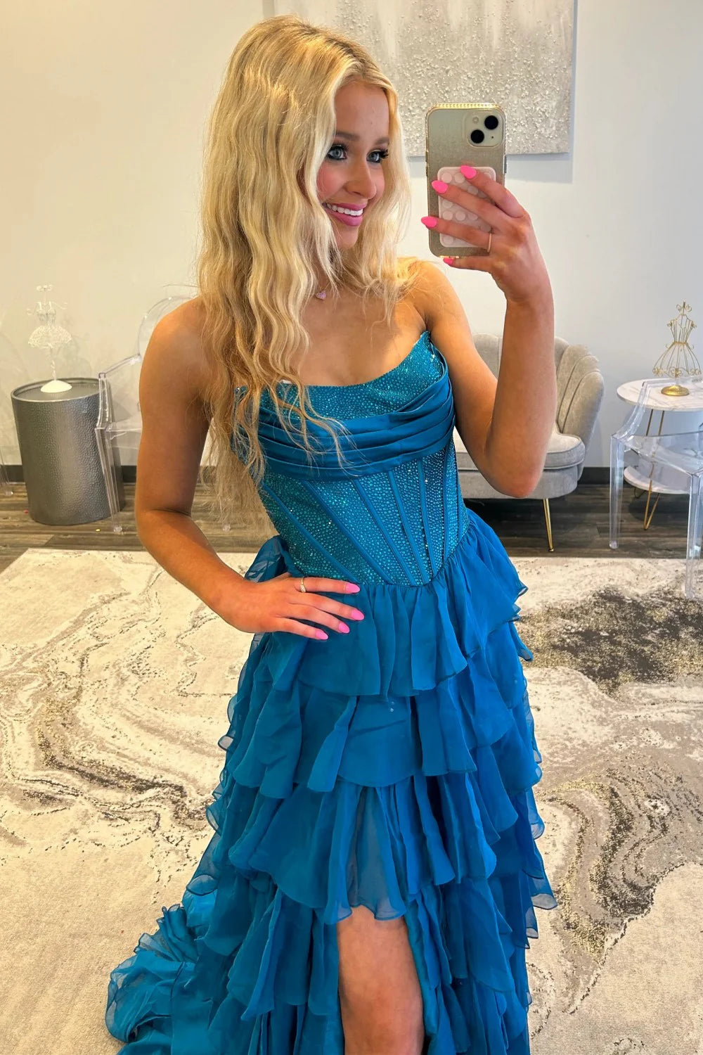 Romantic Red Strapless Tiered Ruffle Prom Dress with Corset Bodice and High Slit AD052