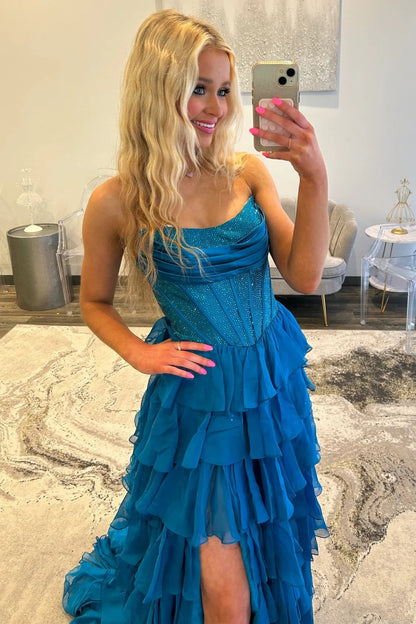 Romantic Red Strapless Tiered Ruffle Prom Dress with Corset Bodice and High Slit AD052