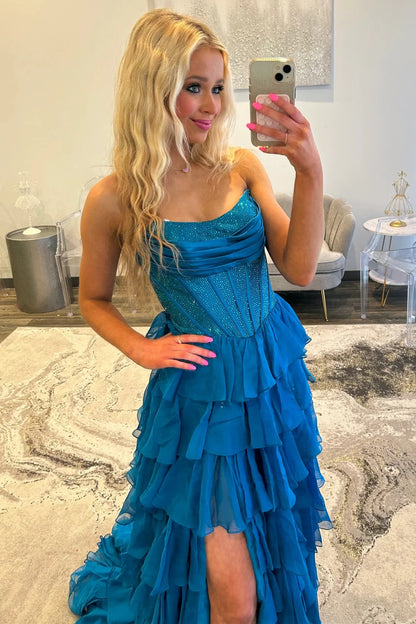 Romantic Red Strapless Tiered Ruffle Prom Dress with Corset Bodice and High Slit AD052