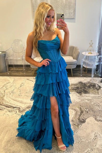 Romantic Red Strapless Tiered Ruffle Prom Dress with Corset Bodice and High Slit AD052