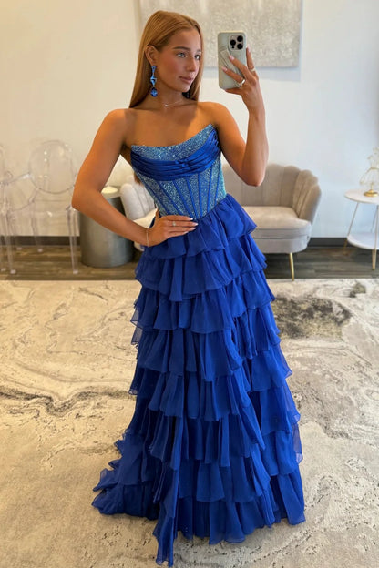Romantic Red Strapless Tiered Ruffle Prom Dress with Corset Bodice and High Slit AD052