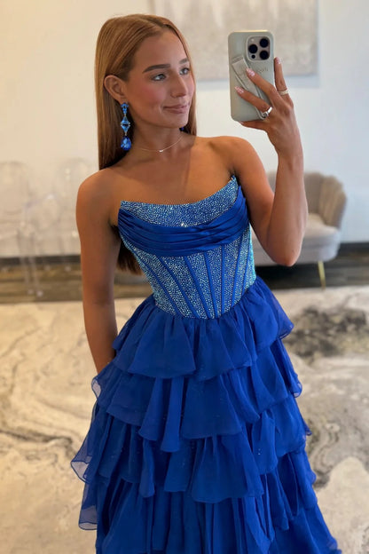Romantic Red Strapless Tiered Ruffle Prom Dress with Corset Bodice and High Slit AD052