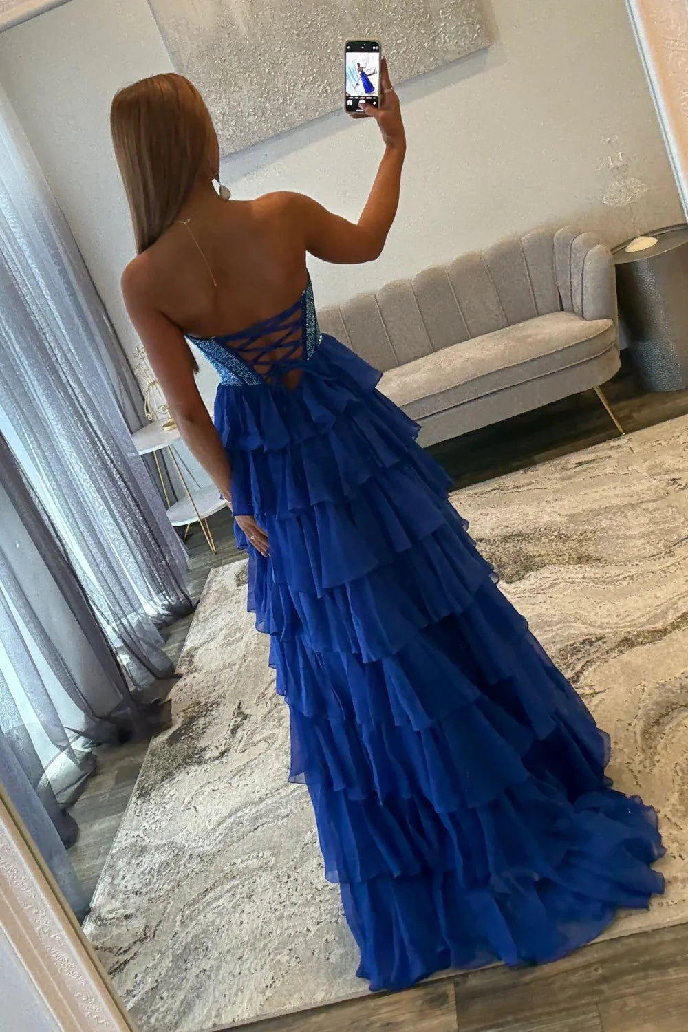 Romantic Red Strapless Tiered Ruffle Prom Dress with Corset Bodice and High Slit AD052