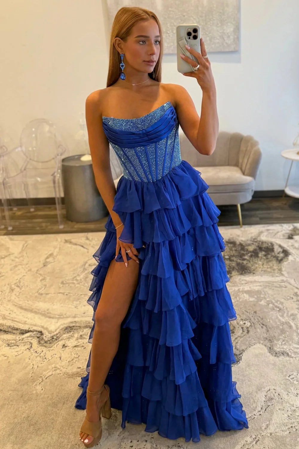 Romantic Red Strapless Tiered Ruffle Prom Dress with Corset Bodice and High Slit AD052