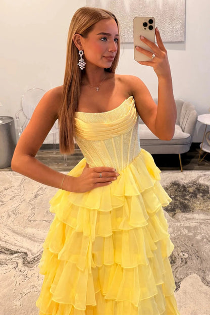 Romantic Red Strapless Tiered Ruffle Prom Dress with Corset Bodice and High Slit AD052