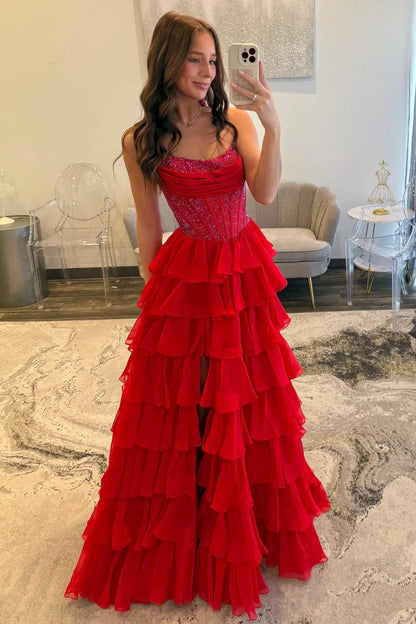 Romantic Red Strapless Tiered Ruffle Prom Dress with Corset Bodice and High Slit AD052