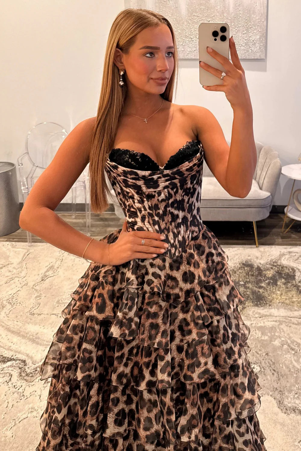 Leopard Print Sweetheart Corset Prom Dress With Tiered Ruffles AD053