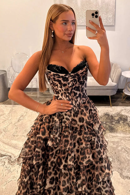 Leopard Print Sweetheart Corset Prom Dress With Tiered Ruffles AD053