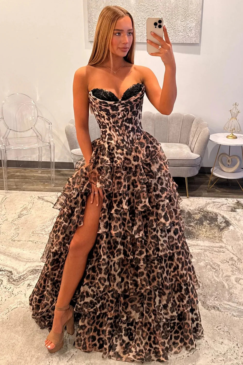 Leopard Print Sweetheart Corset Prom Dress With Tiered Ruffles AD053