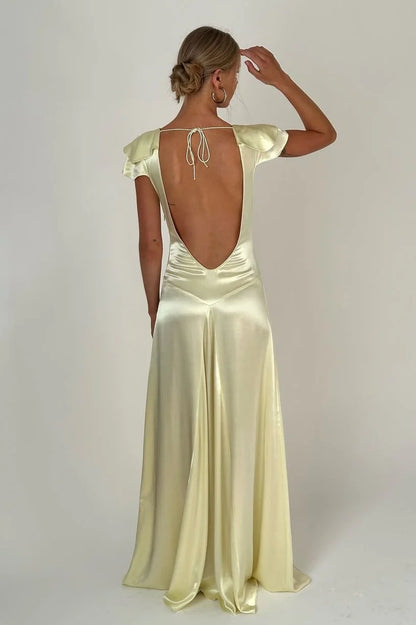 Elegant A Line Deep V Neck Yellow Long Prom Dress with Open Back AD054
